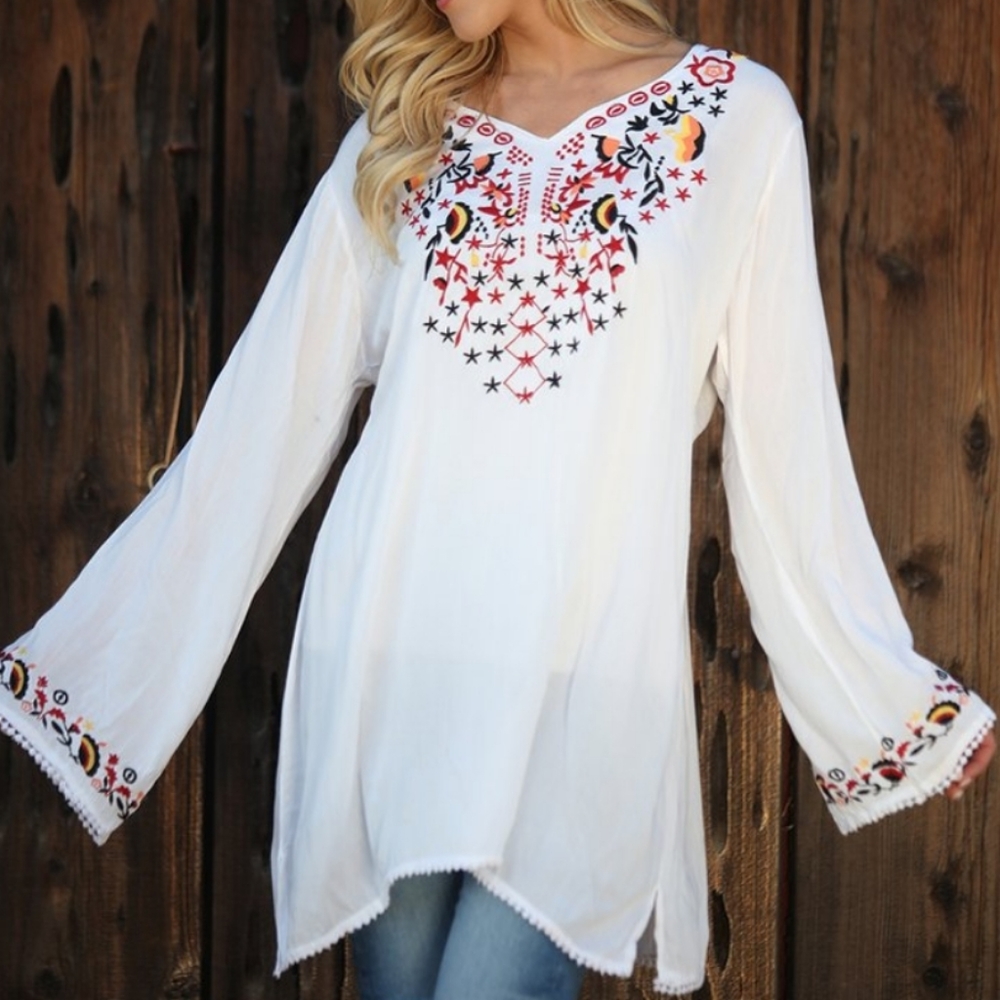 White Embroidered Bell Sleeve Tunic Blouse